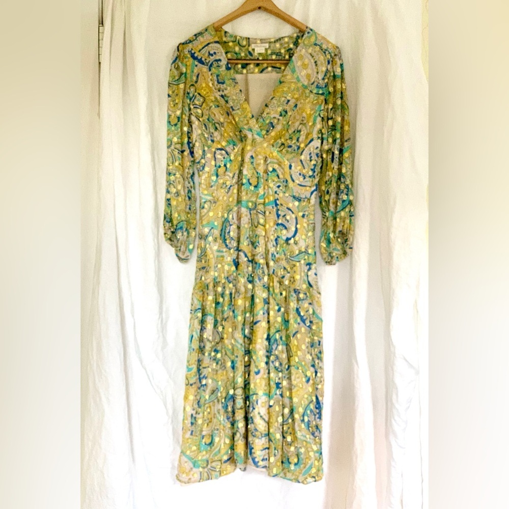 Shoshanna.Boho V-Neck Floral Midi Dress in Yellow and Teal EUC